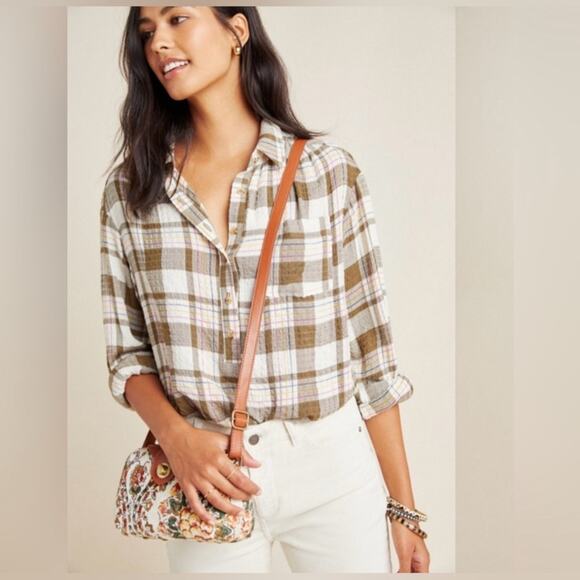 BY ANTHROPOLOGIE Isadora cream Plaid Flannel Button Top Women Size large - Picture 1 of 7